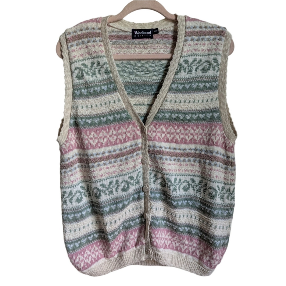 VINTAGE Pastel Fair Isles Cotton Soft Retro Cottage core Knit Vest Size Medium